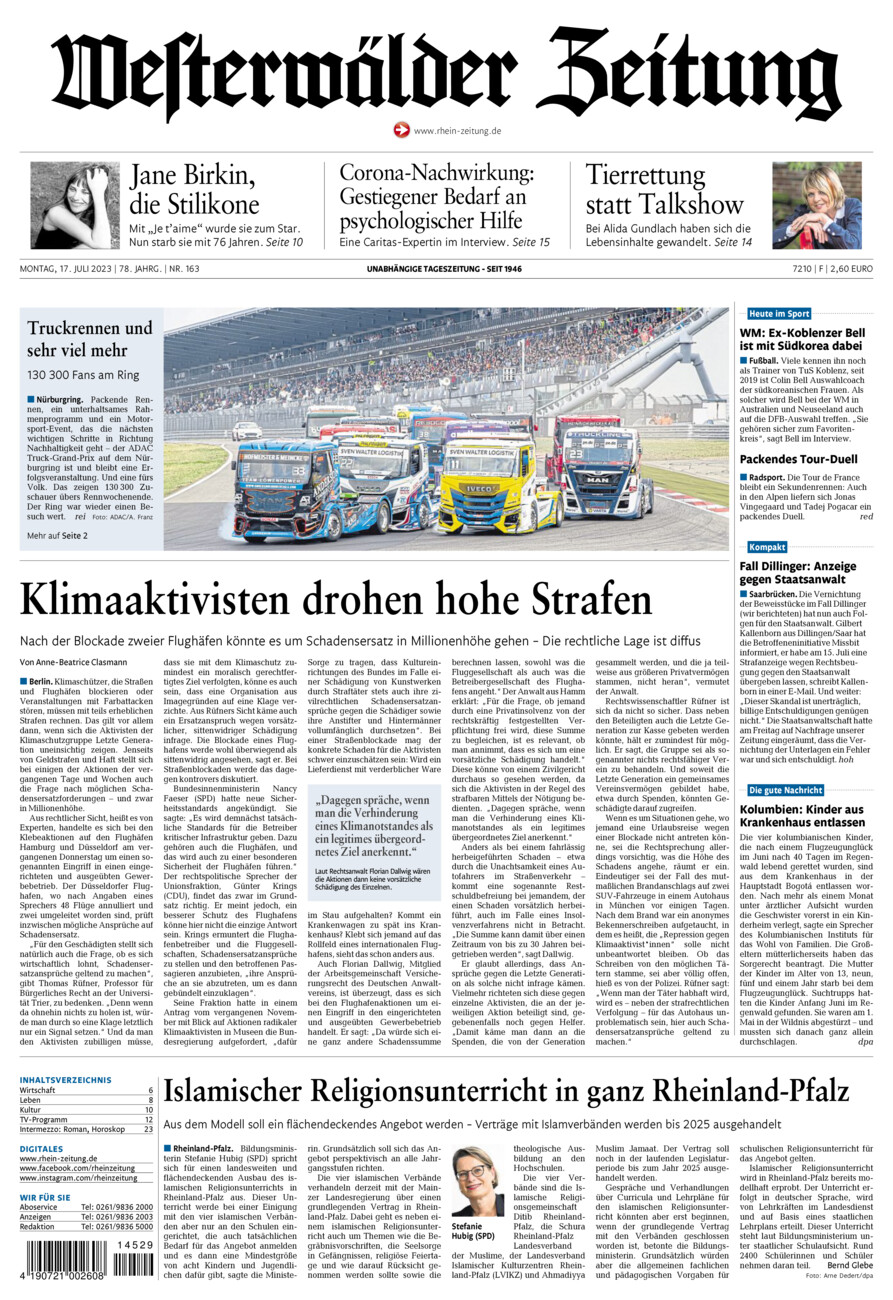 Westerwälder Zeitung vom Montag, 17.07.2023