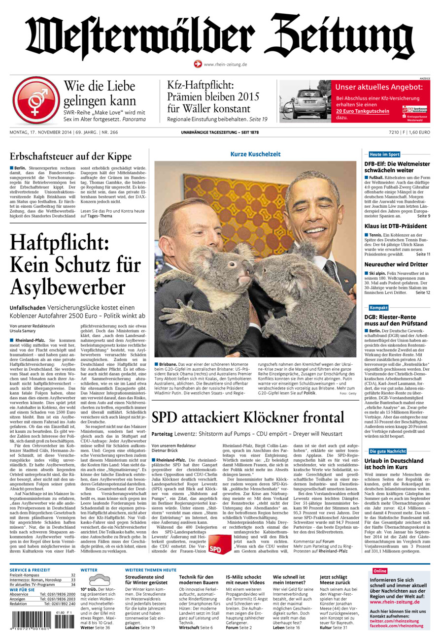 Westerwälder Zeitung vom Montag, 17.11.2014