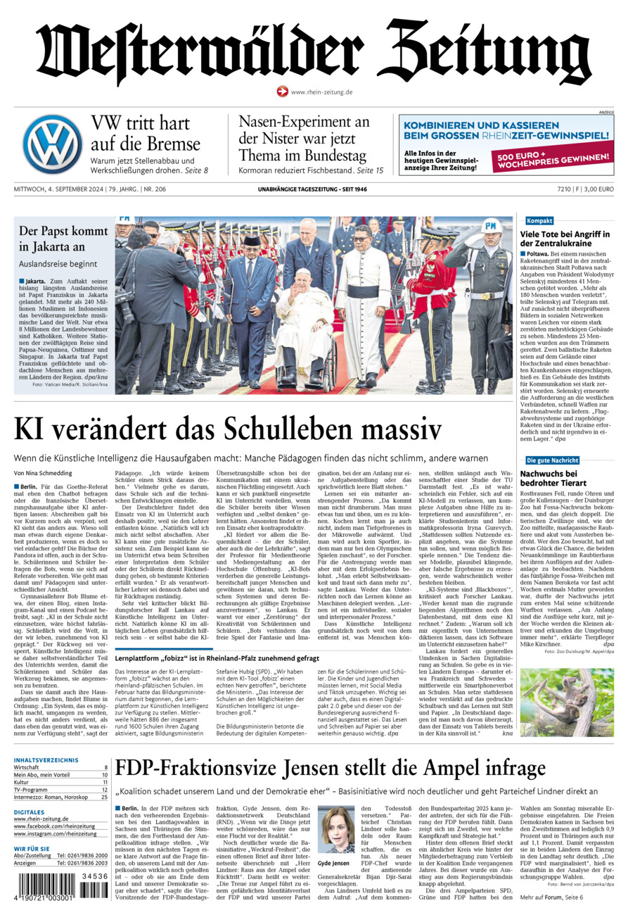 Westerwälder Zeitung vom Mittwoch, 04.09.2024