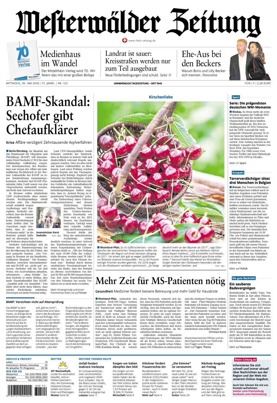 Westerwälder Zeitung vom Mittwoch, 30.05.2018