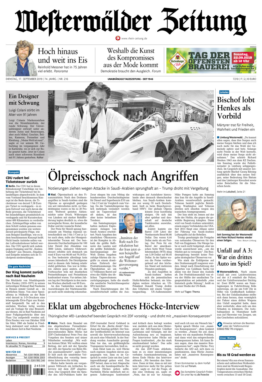Westerwälder Zeitung vom Dienstag, 17.09.2019