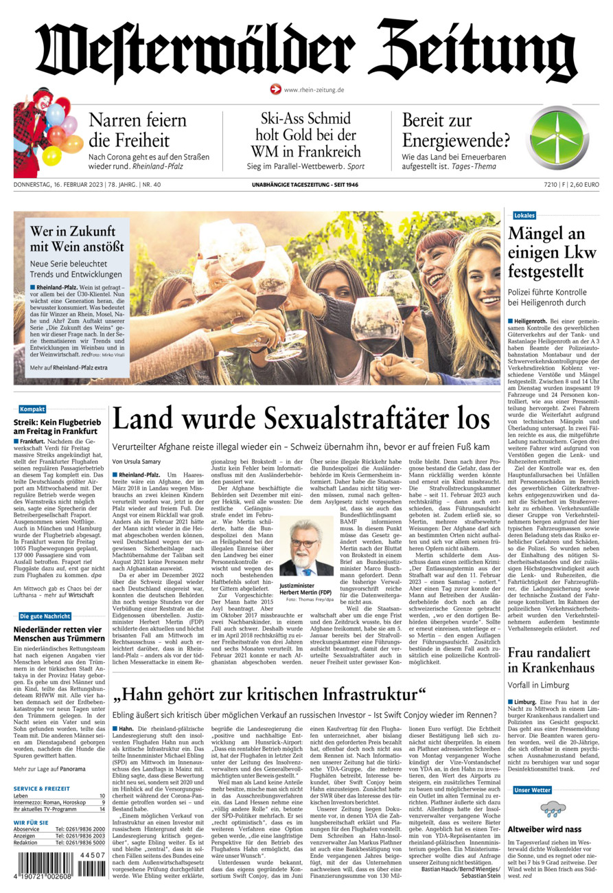 Westerwälder Zeitung vom Donnerstag, 16.02.2023