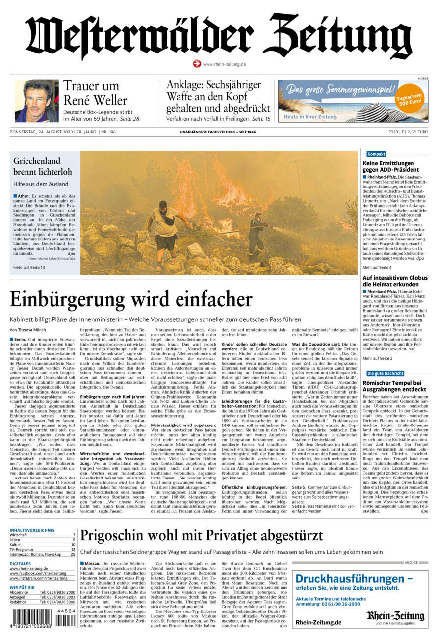 Westerwälder Zeitung vom Donnerstag, 24.08.2023