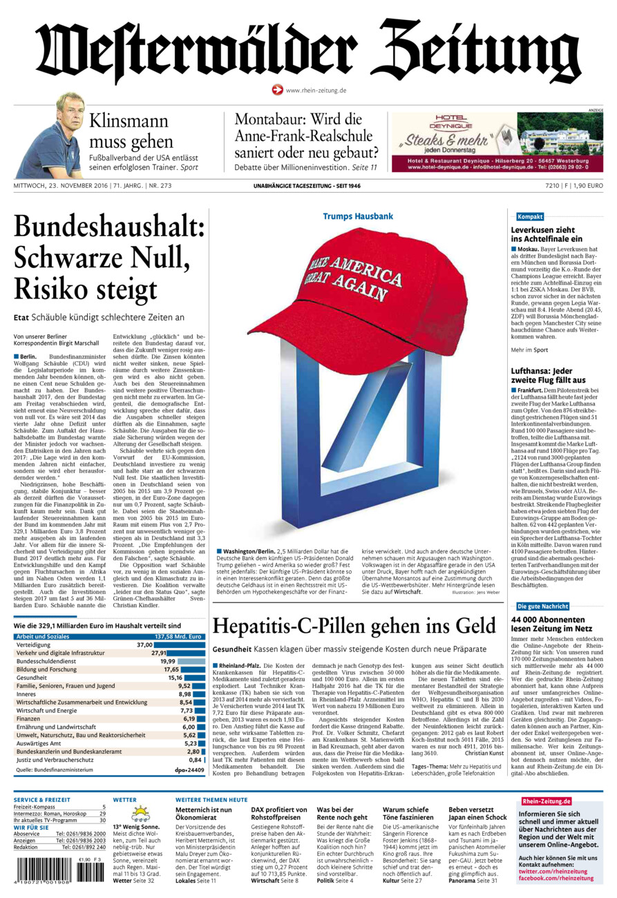 Westerwälder Zeitung vom Mittwoch, 23.11.2016