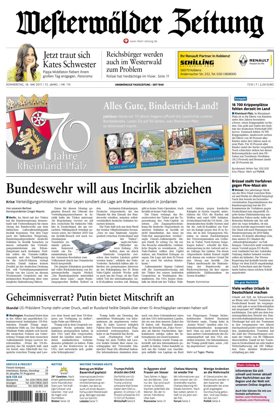 Westerwälder Zeitung vom Donnerstag, 18.05.2017