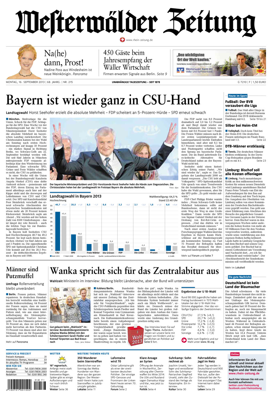 Westerwälder Zeitung vom Montag, 16.09.2013