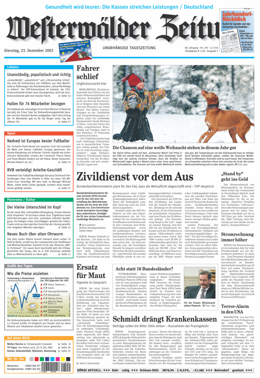 Westerwälder Zeitung vom Dienstag, 23.12.2003