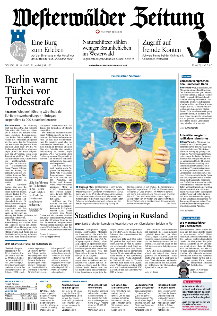 Westerwälder Zeitung vom Dienstag, 19.07.2016
