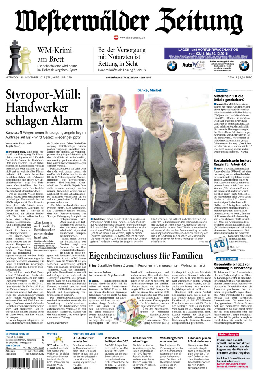 Westerwälder Zeitung vom Mittwoch, 30.11.2016