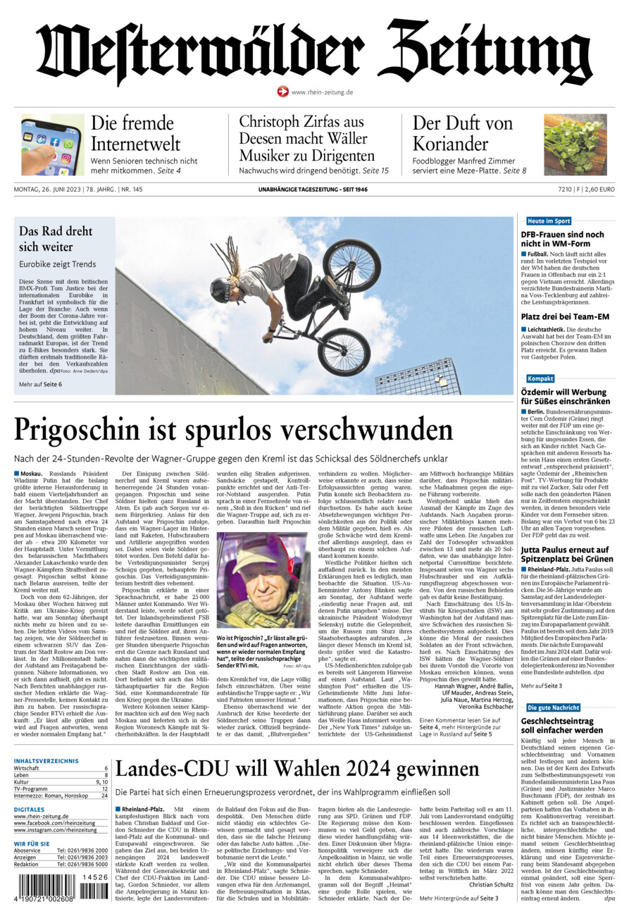 Westerwälder Zeitung vom Montag, 26.06.2023