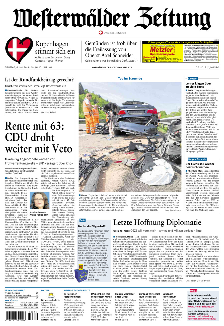 Westerwälder Zeitung vom Dienstag, 06.05.2014