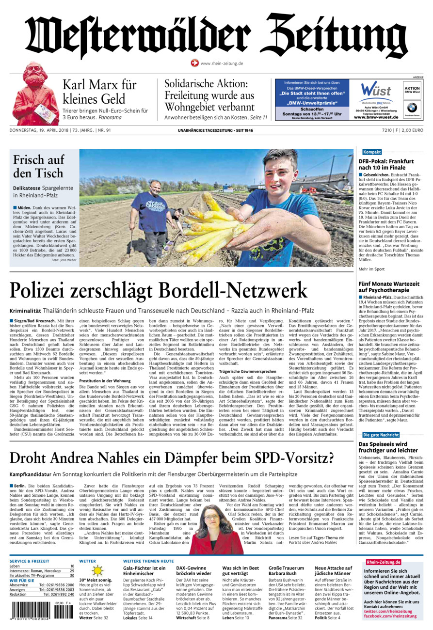 Westerwälder Zeitung vom Donnerstag, 19.04.2018