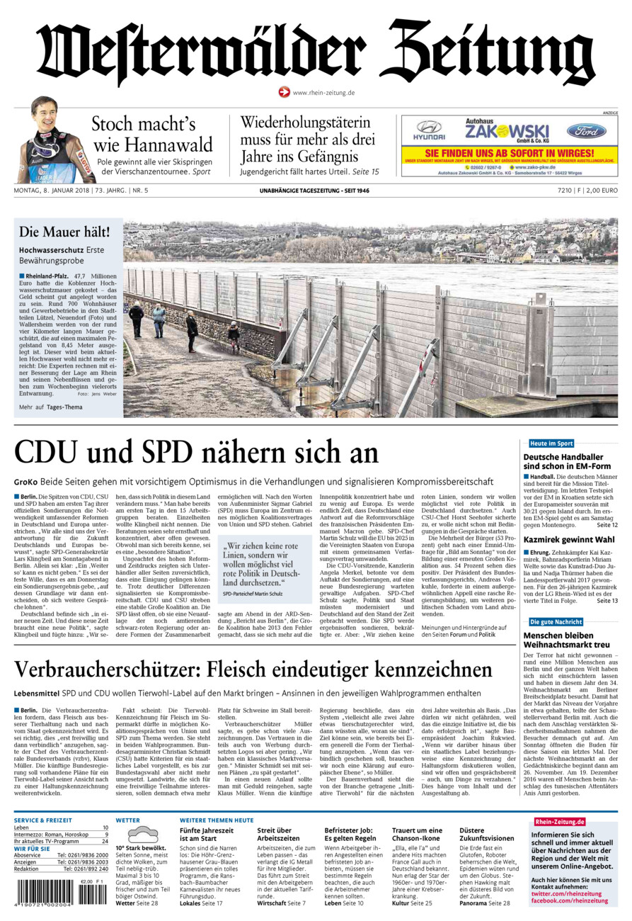 Westerwälder Zeitung vom Montag, 08.01.2018