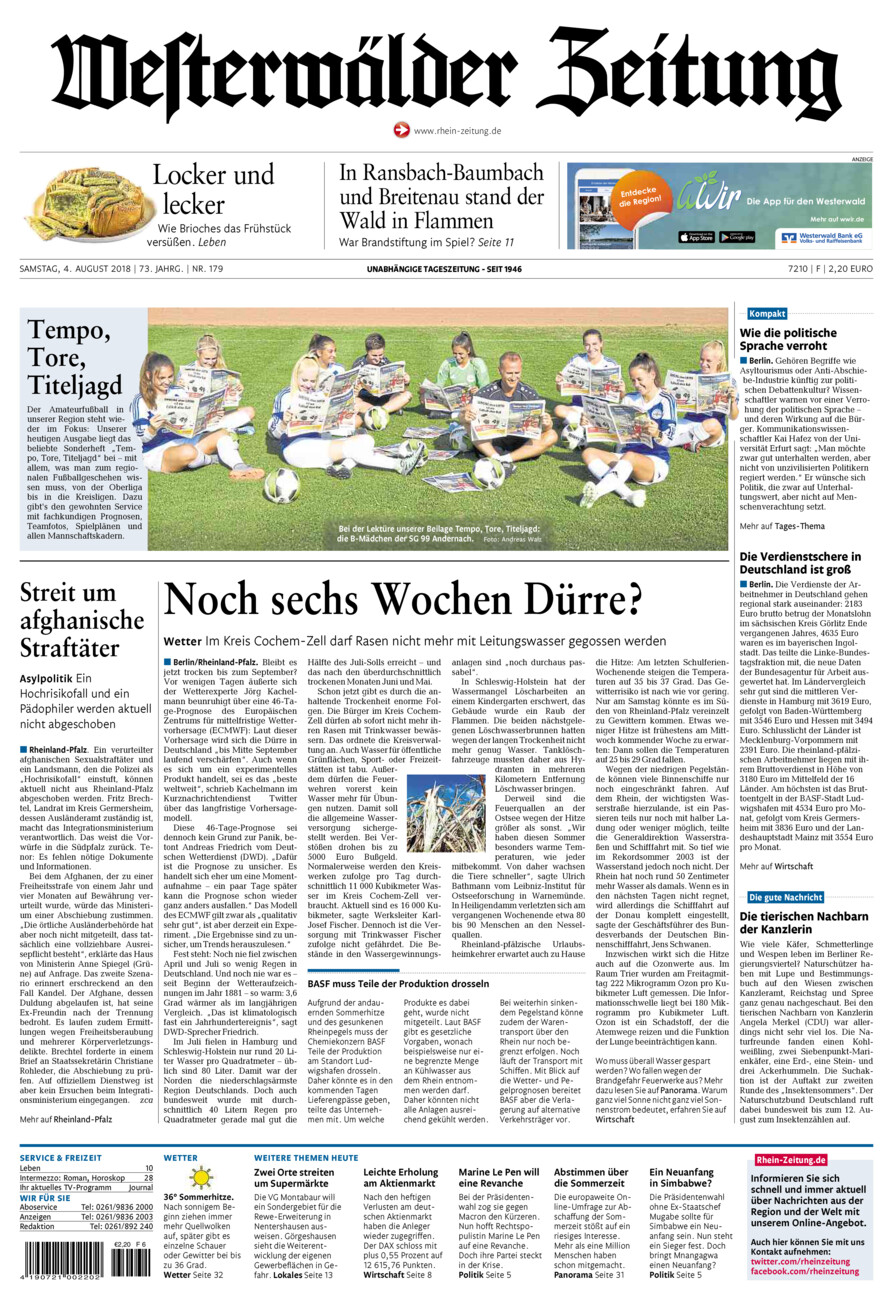 Westerwälder Zeitung vom Samstag, 04.08.2018