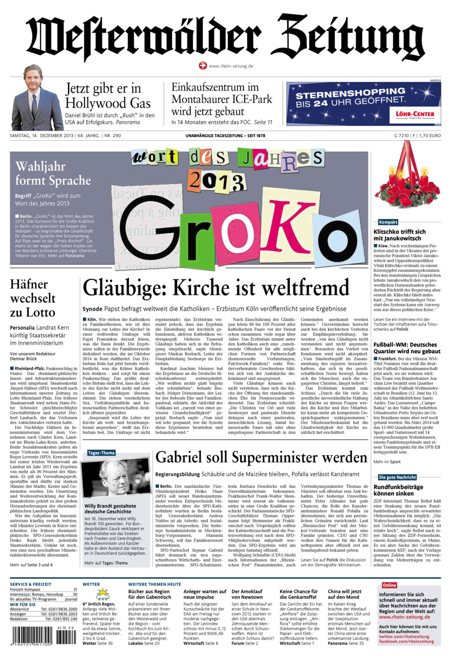 Westerwälder Zeitung vom Samstag, 14.12.2013