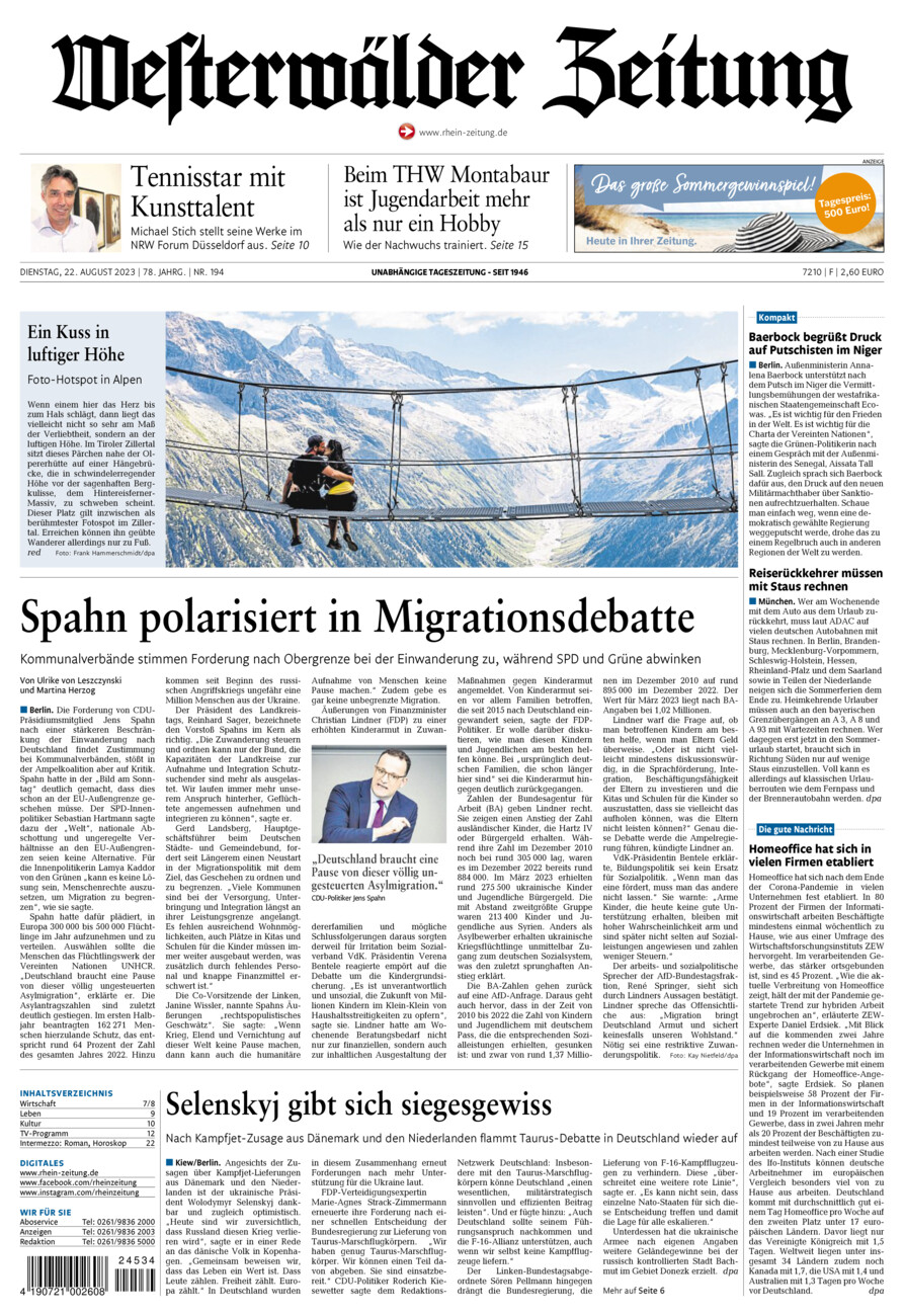 Westerwälder Zeitung vom Dienstag, 22.08.2023