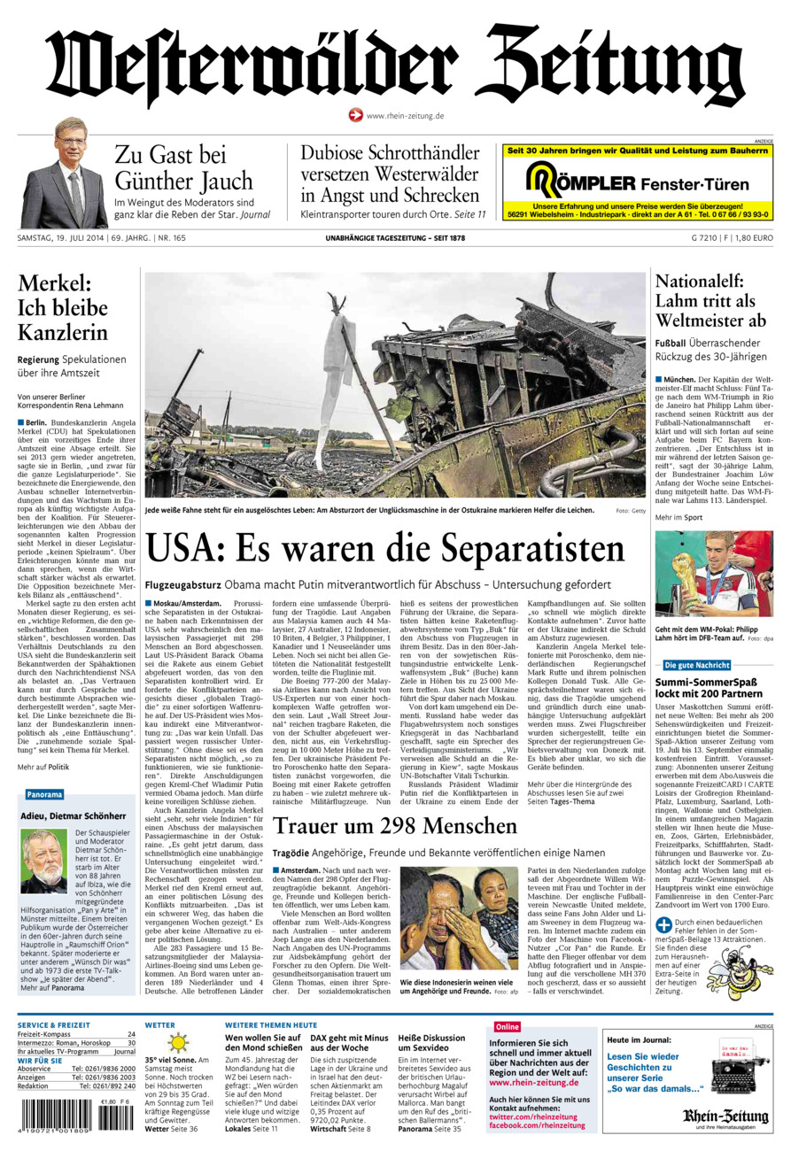 Westerwälder Zeitung vom Samstag, 19.07.2014
