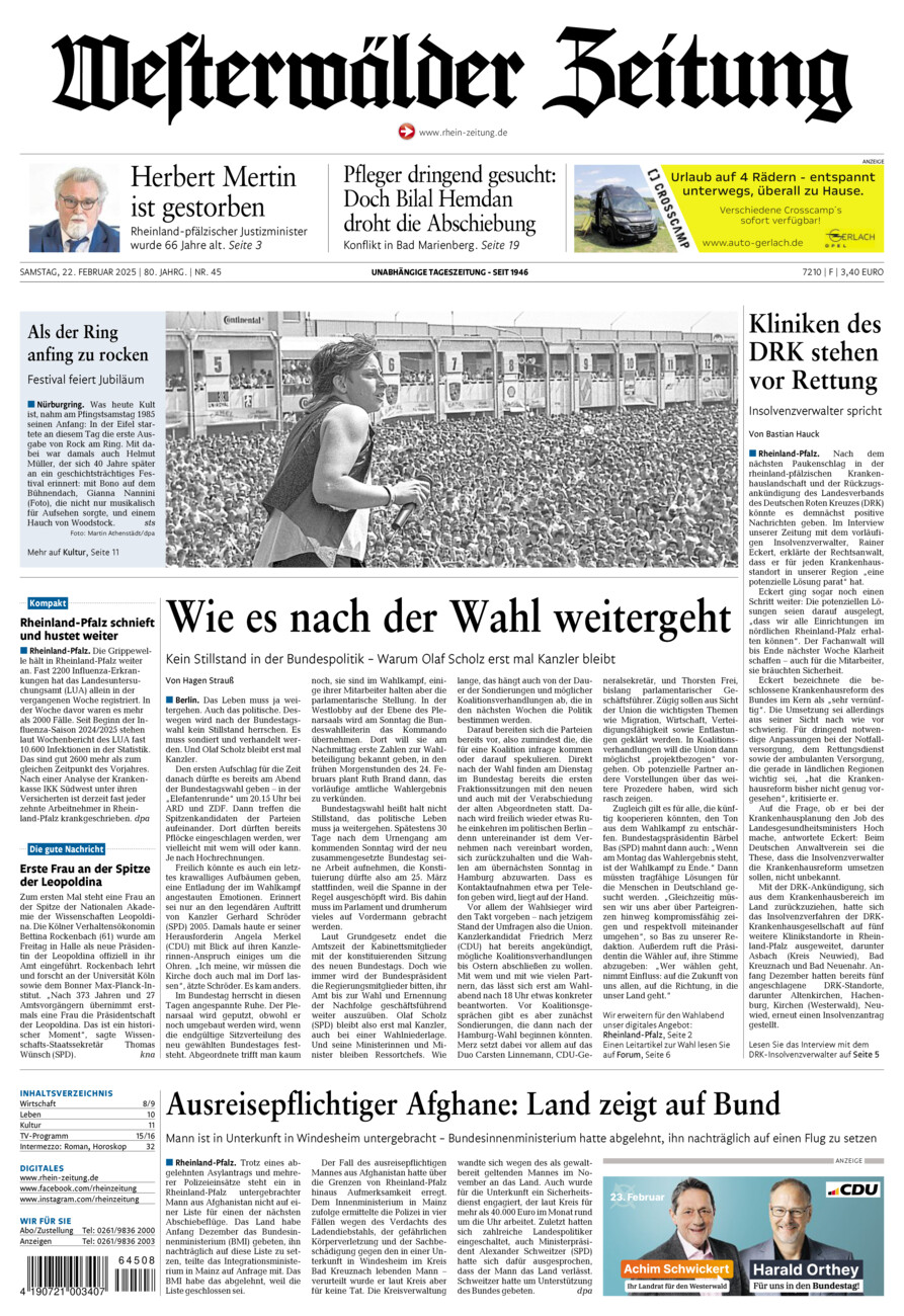 Westerwälder Zeitung vom Samstag, 22.02.2025