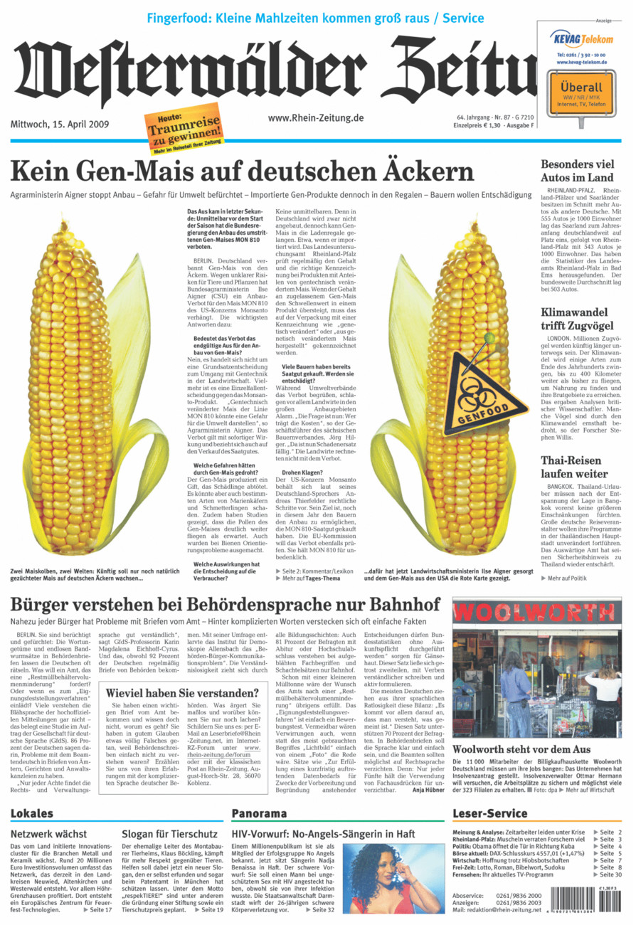 Westerwälder Zeitung vom Mittwoch, 15.04.2009