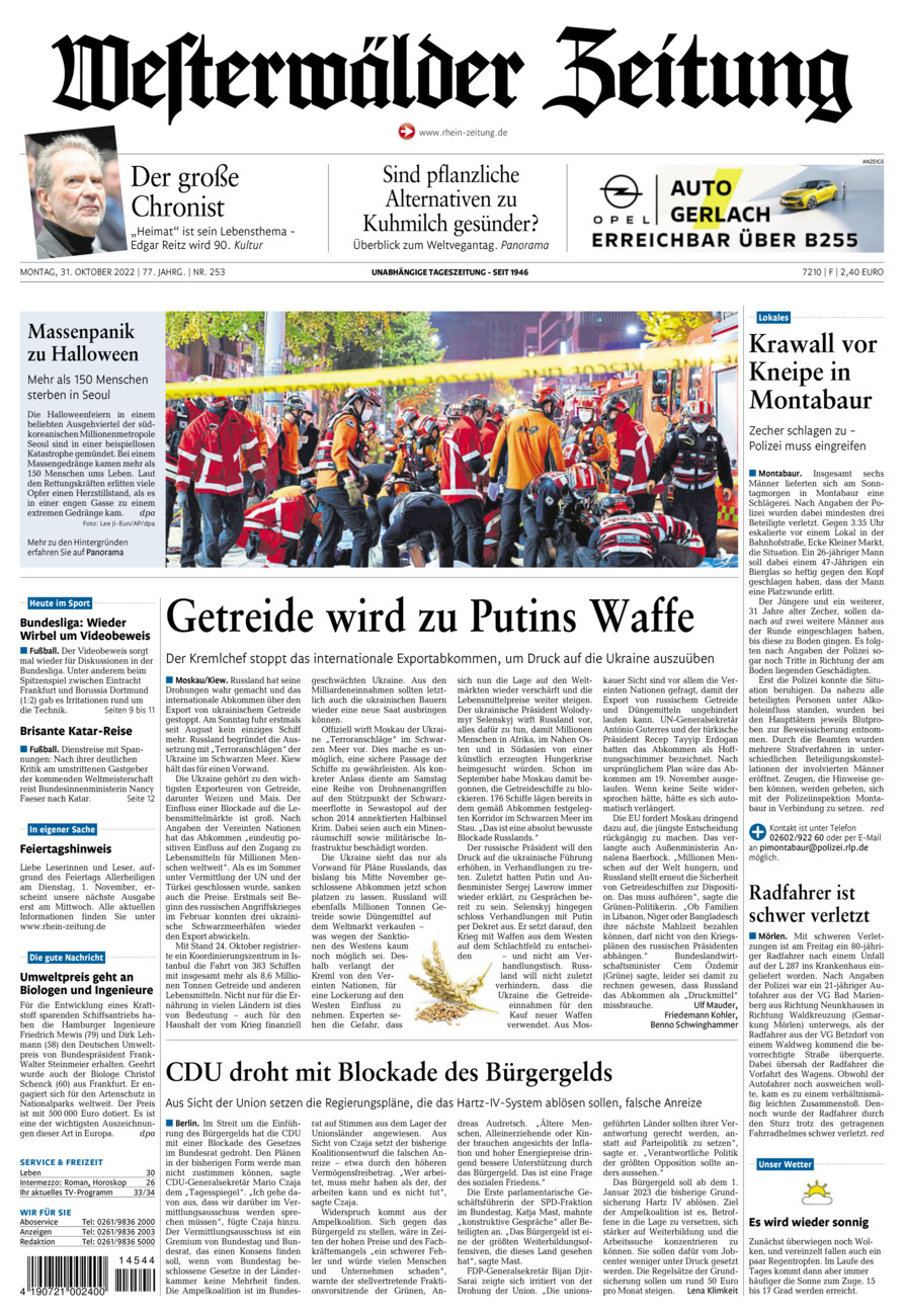 Westerwälder Zeitung vom Montag, 31.10.2022