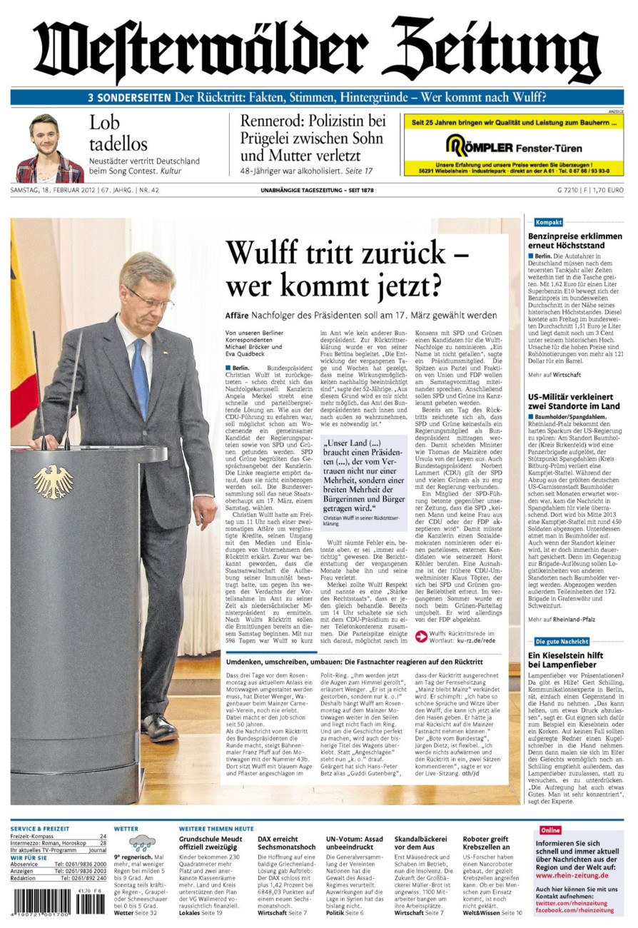Westerwälder Zeitung vom Samstag, 18.02.2012