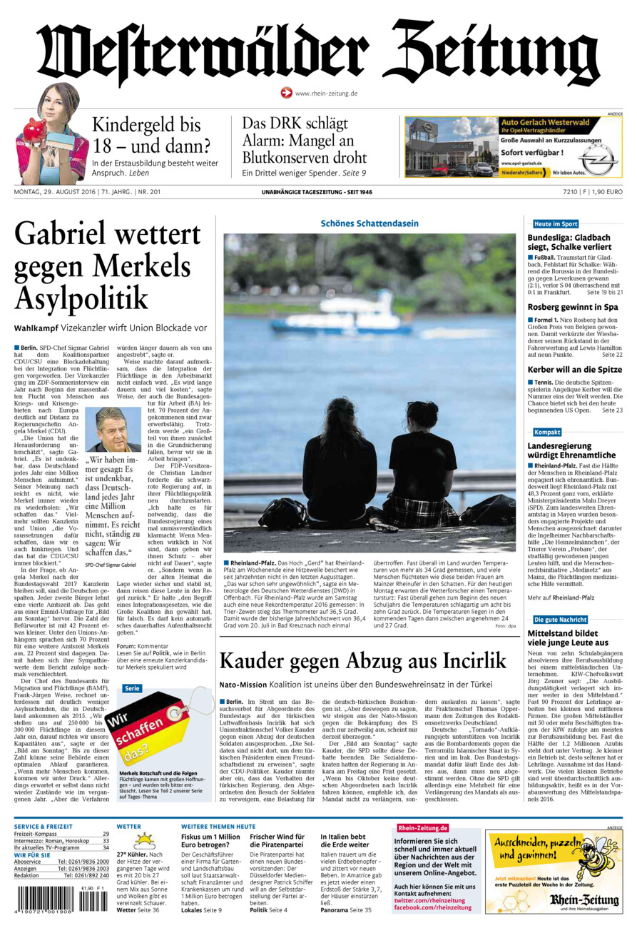 Westerwälder Zeitung vom Montag, 29.08.2016