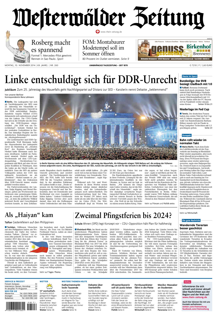 Westerwälder Zeitung vom Montag, 10.11.2014