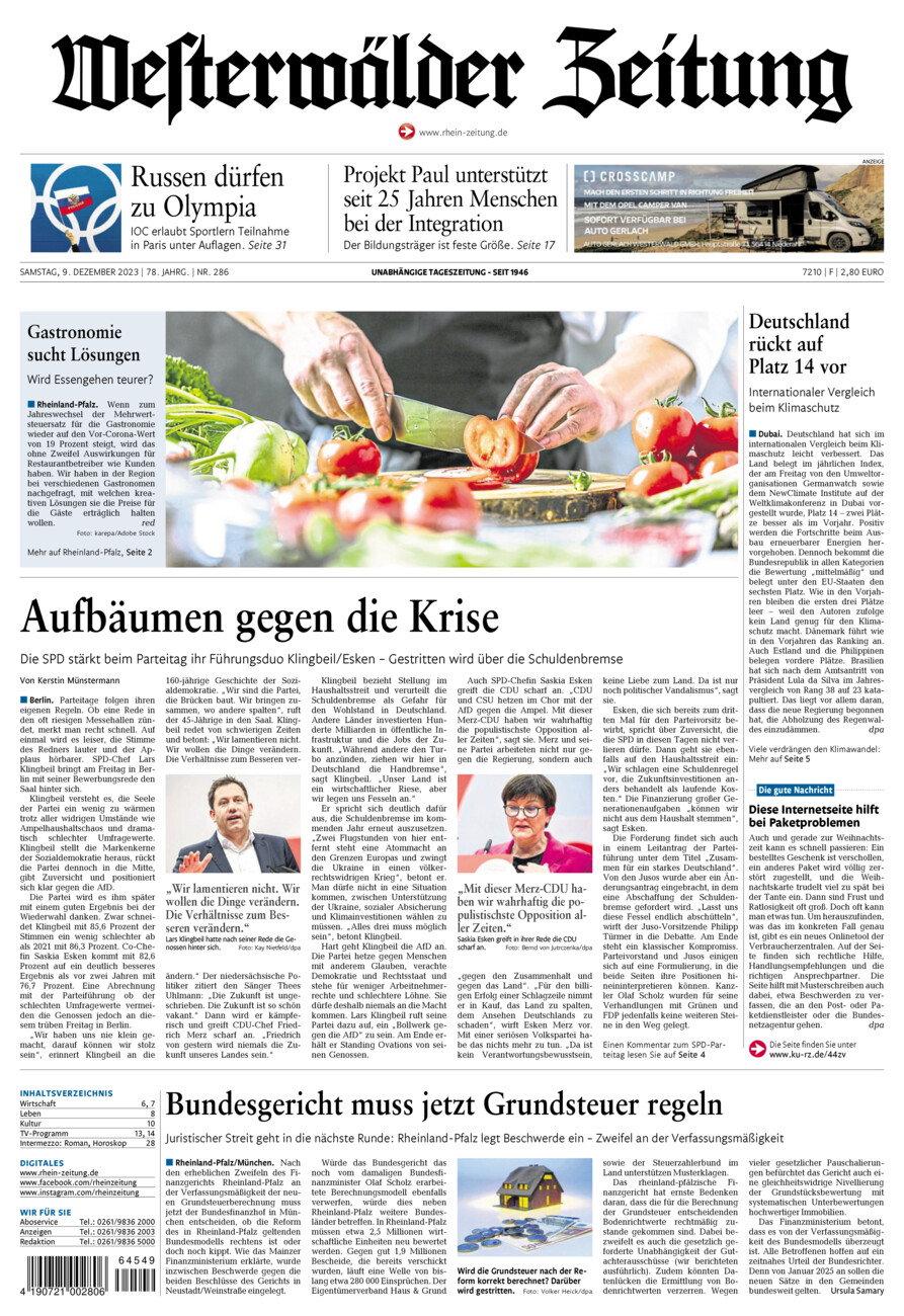 Westerwälder Zeitung vom Samstag, 09.12.2023