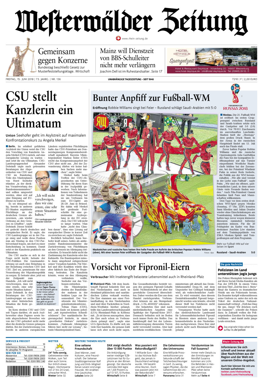 Westerwälder Zeitung vom Freitag, 15.06.2018