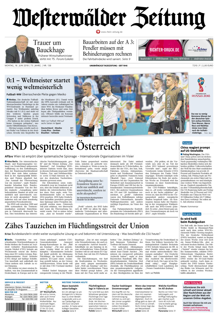 Westerwälder Zeitung vom Montag, 18.06.2018