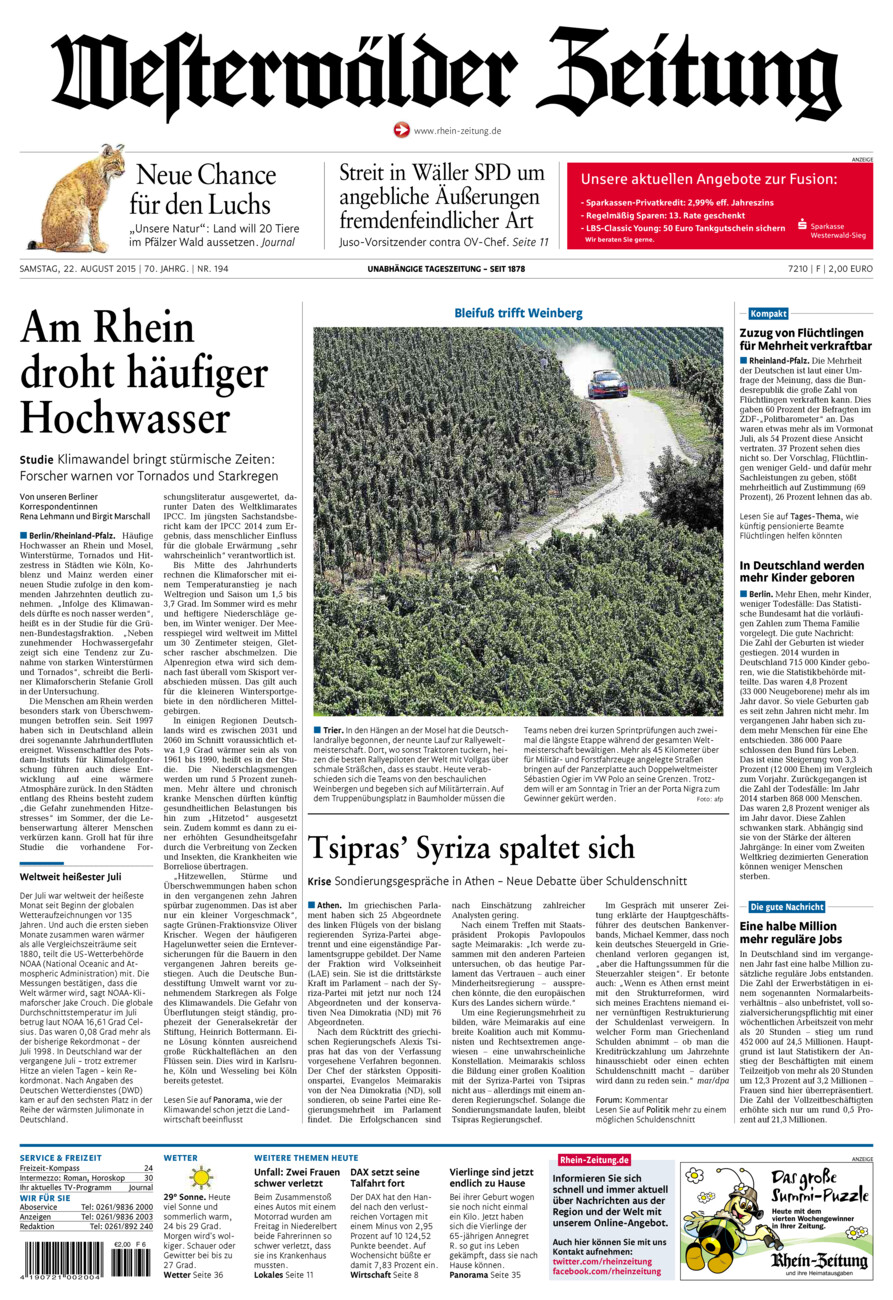 Westerwälder Zeitung vom Samstag, 22.08.2015