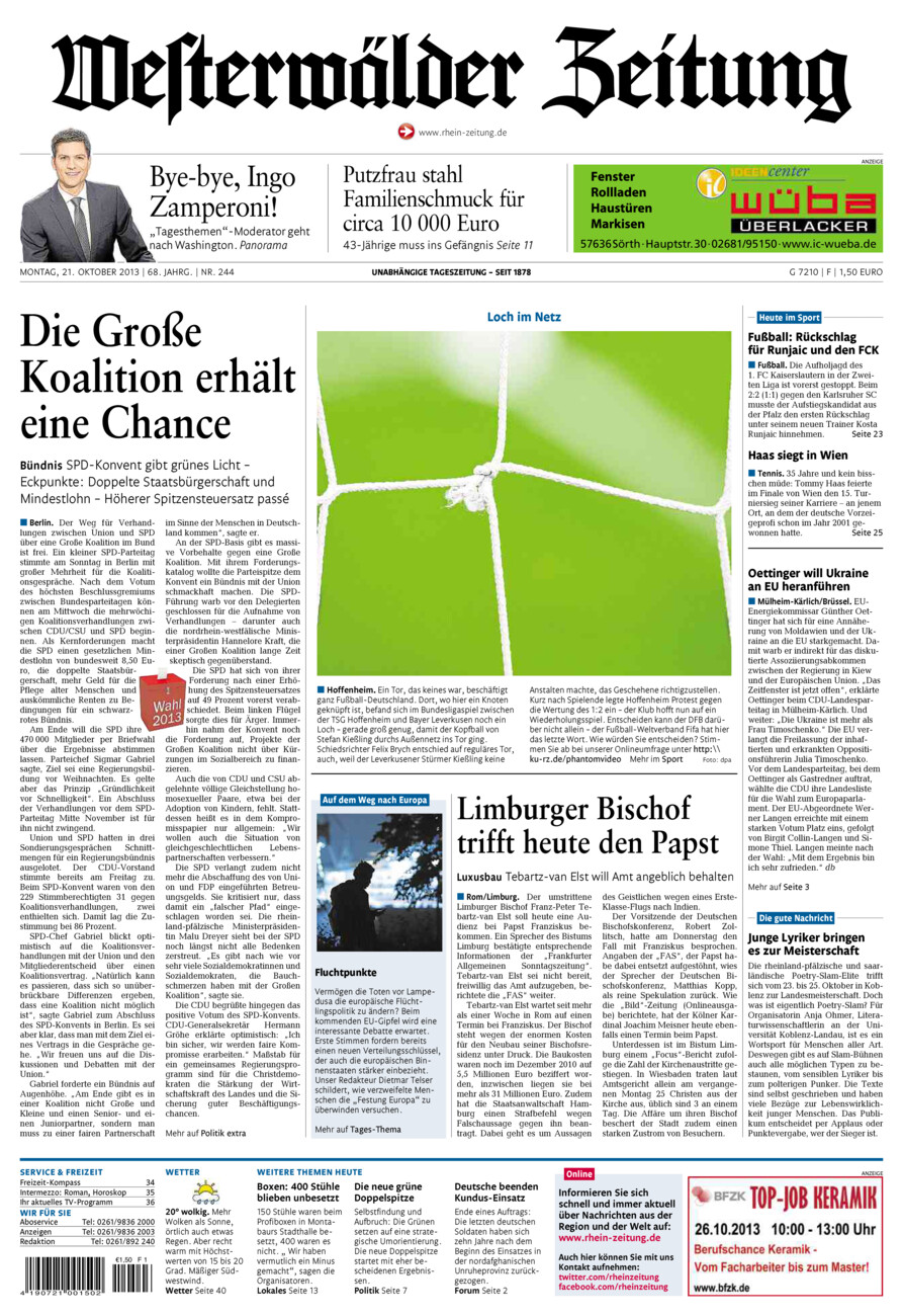 Westerwälder Zeitung vom Montag, 21.10.2013