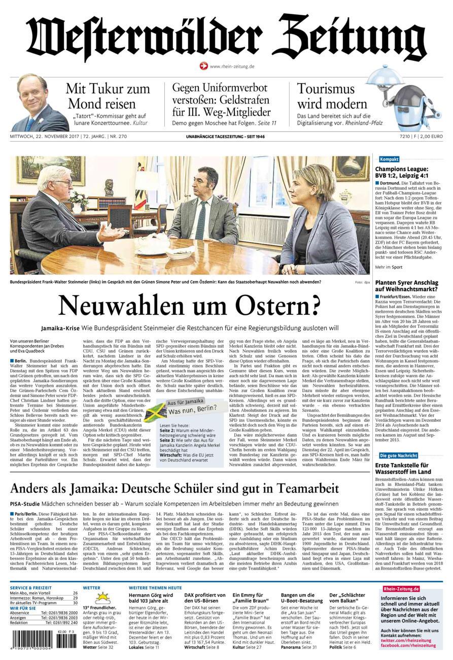Westerwälder Zeitung vom Mittwoch, 22.11.2017