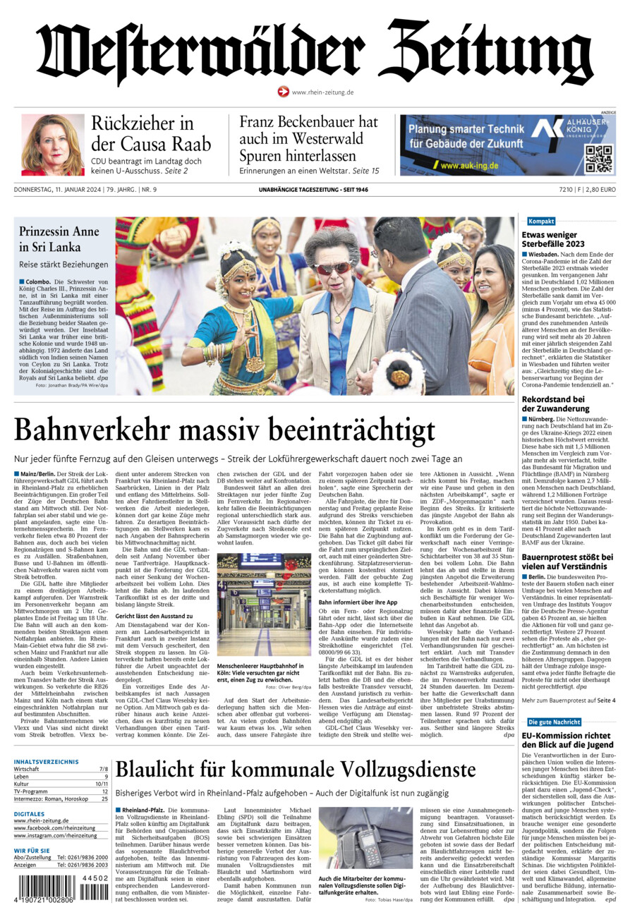 Westerwälder Zeitung vom Donnerstag, 11.01.2024