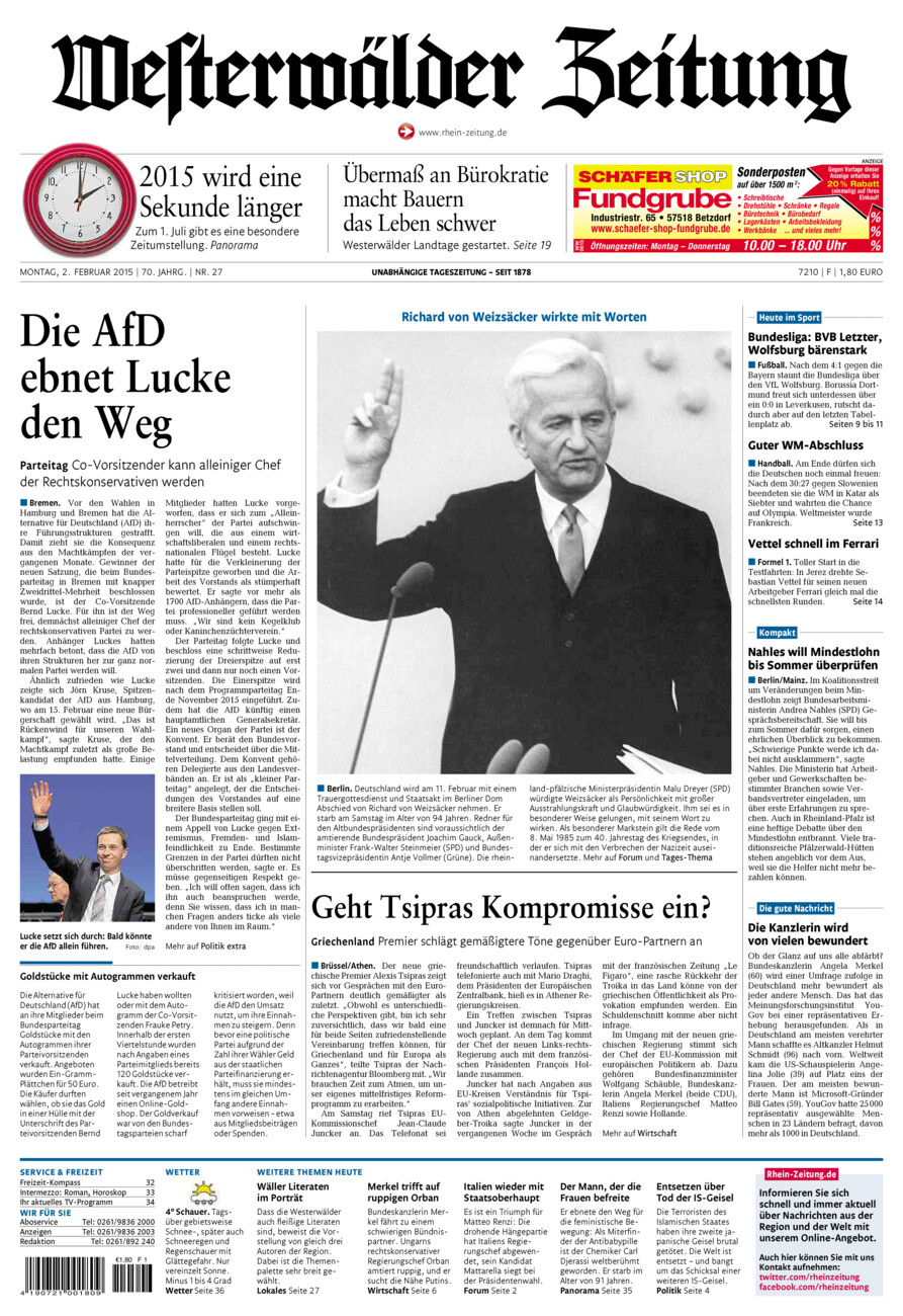 Westerwälder Zeitung vom Montag, 02.02.2015