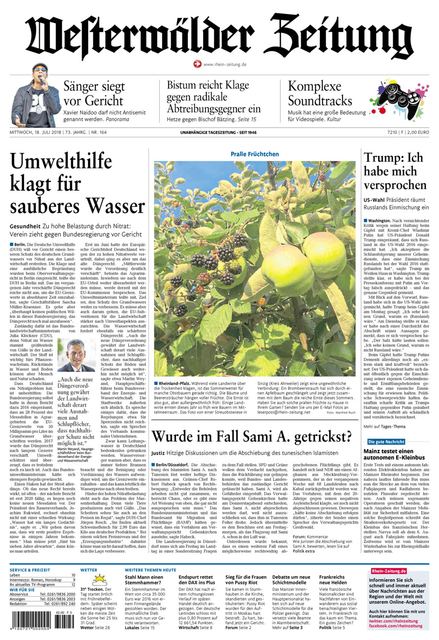 Westerwälder Zeitung vom Mittwoch, 18.07.2018