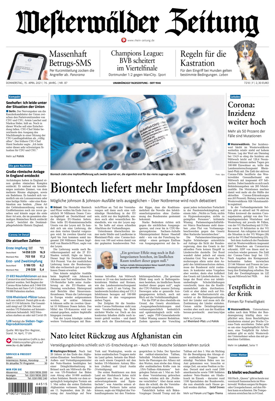 Westerwälder Zeitung vom Donnerstag, 15.04.2021