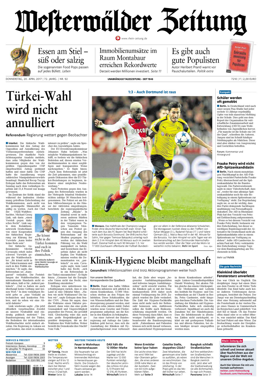 Westerwälder Zeitung vom Donnerstag, 20.04.2017