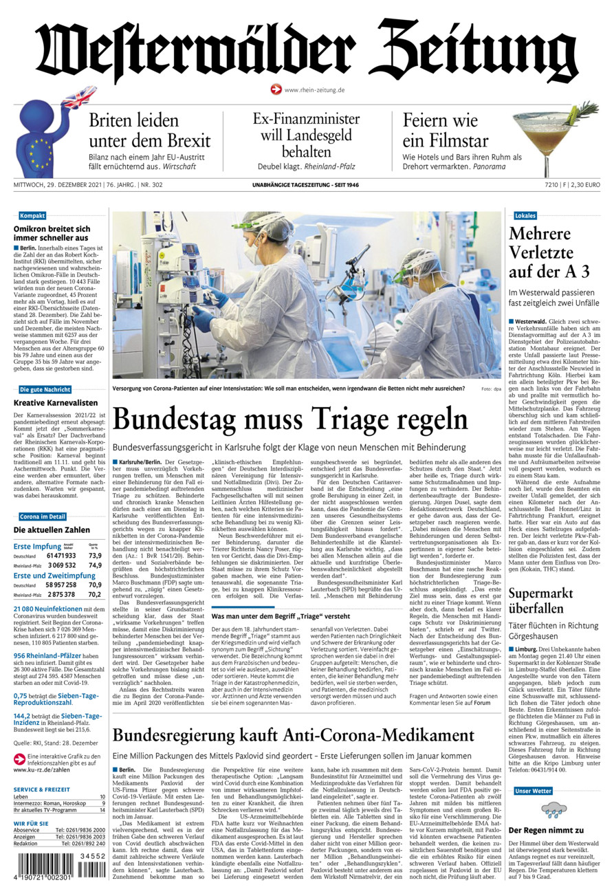 Westerwälder Zeitung vom Mittwoch, 29.12.2021
