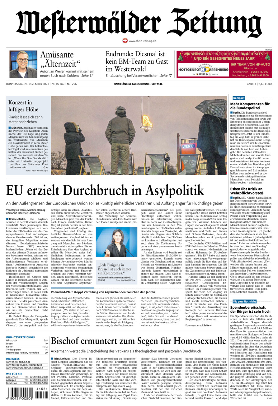 Westerwälder Zeitung vom Donnerstag, 21.12.2023