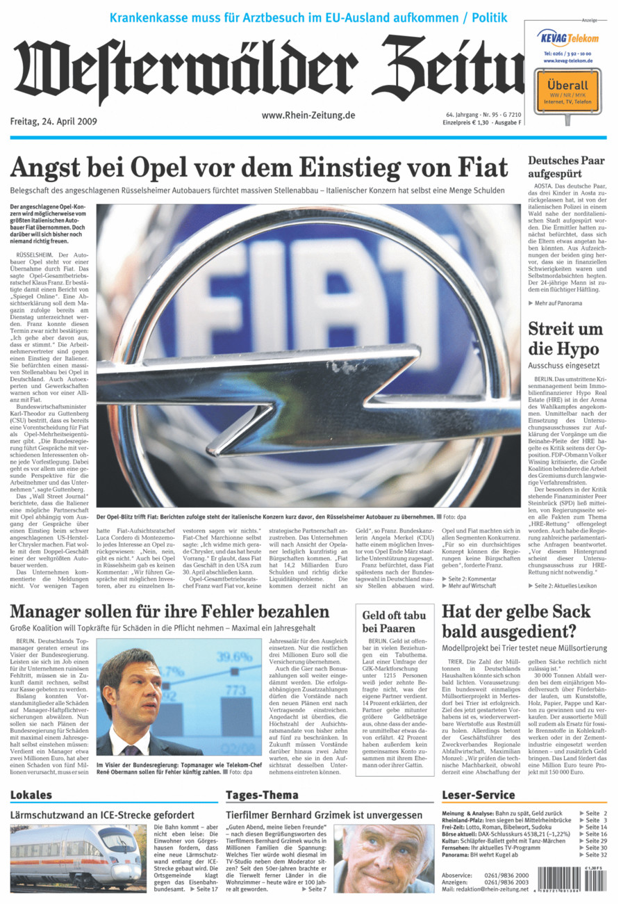 Westerwälder Zeitung vom Freitag, 24.04.2009