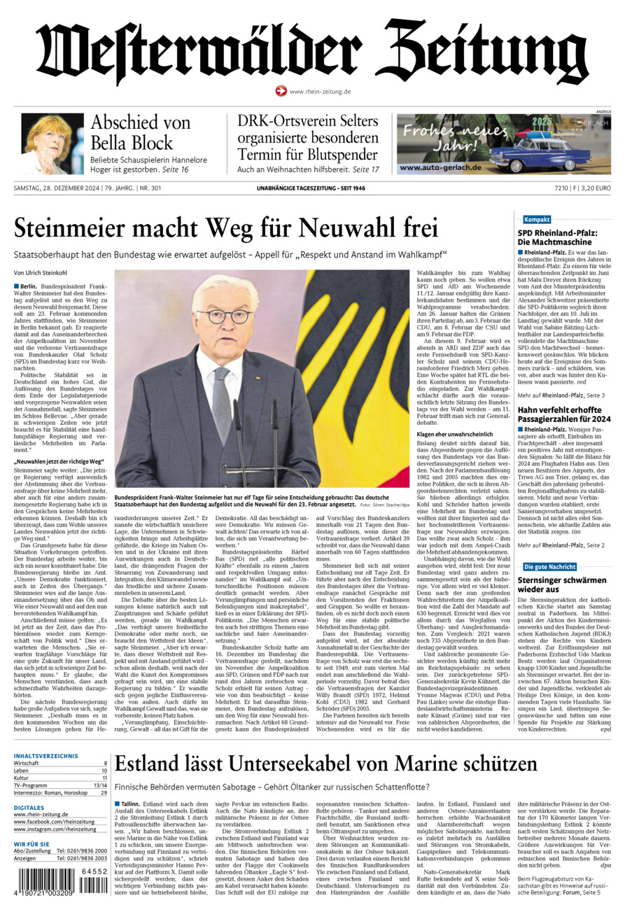 Westerwälder Zeitung vom Samstag, 28.12.2024