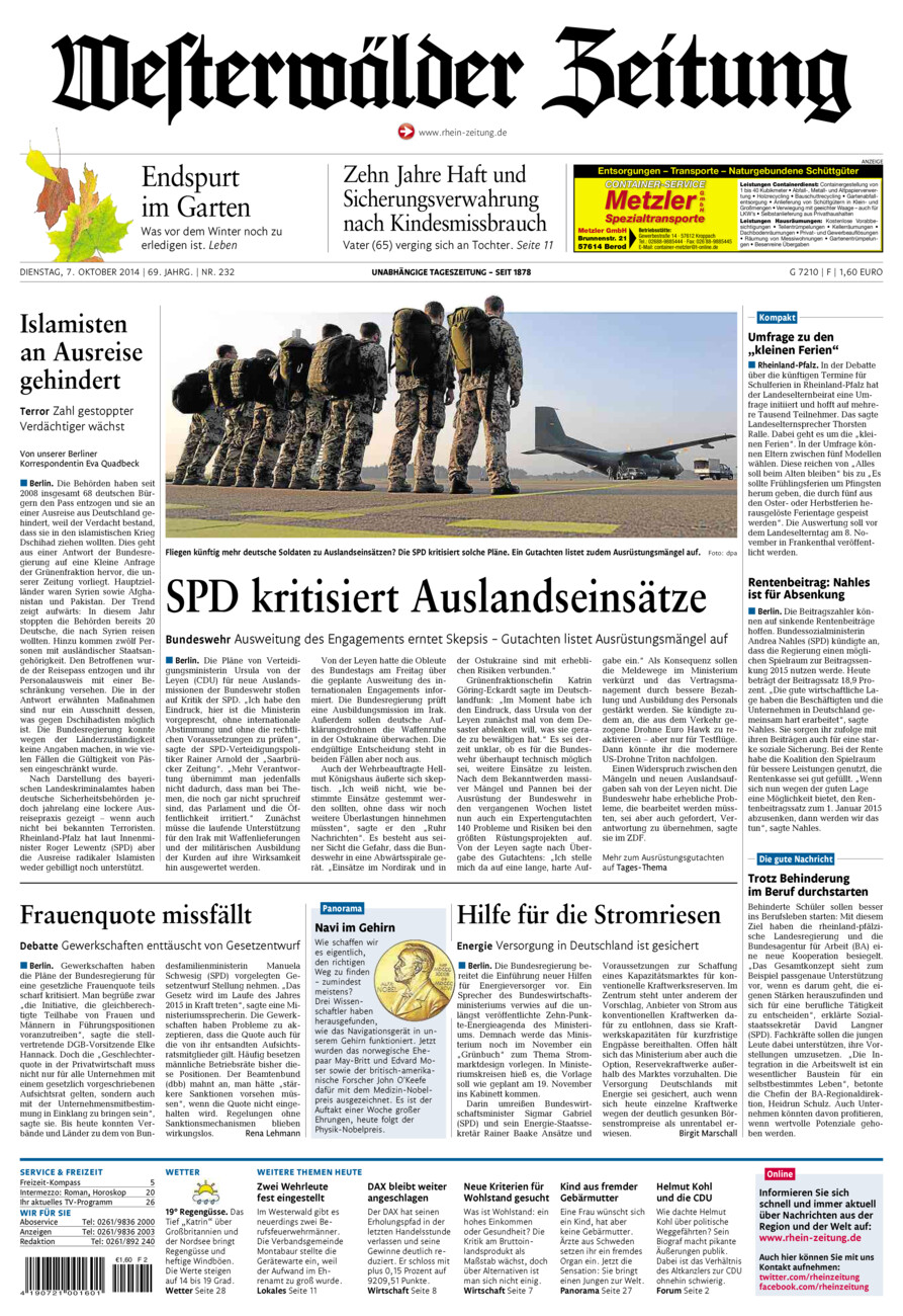 Westerwälder Zeitung vom Dienstag, 07.10.2014