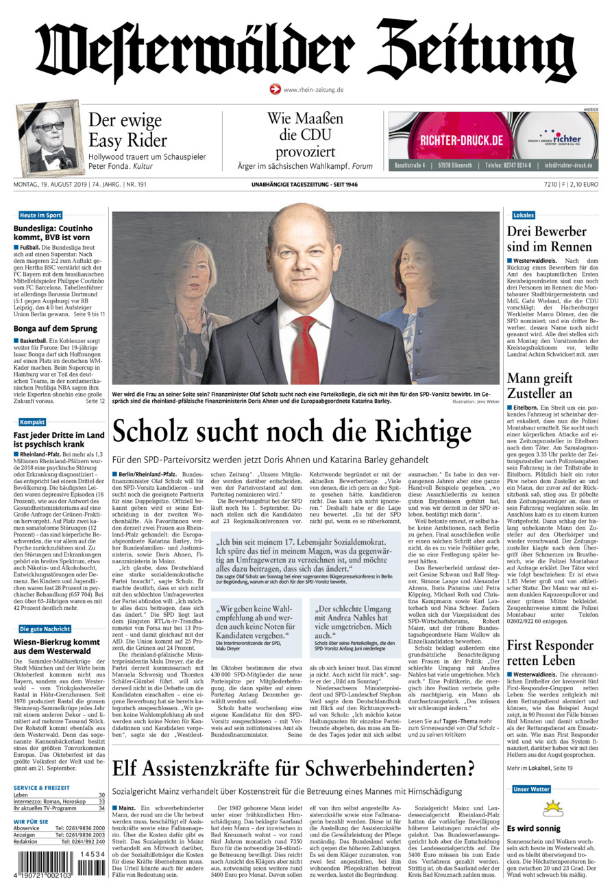 Westerwälder Zeitung vom Montag, 19.08.2019
