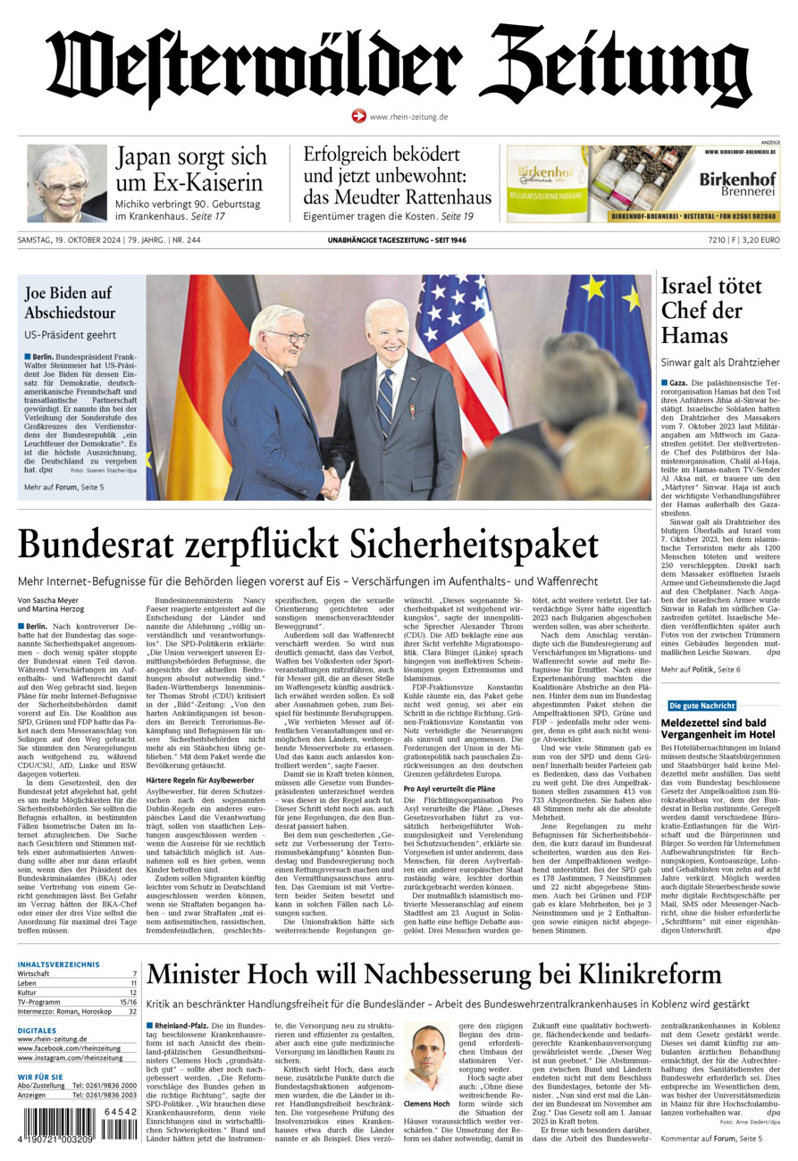 Westerwälder Zeitung vom Samstag, 19.10.2024