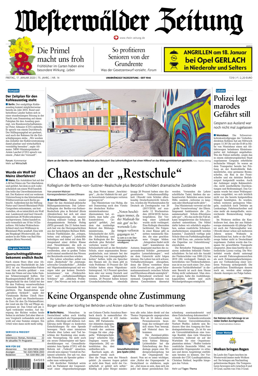 Westerwälder Zeitung vom Freitag, 17.01.2020
