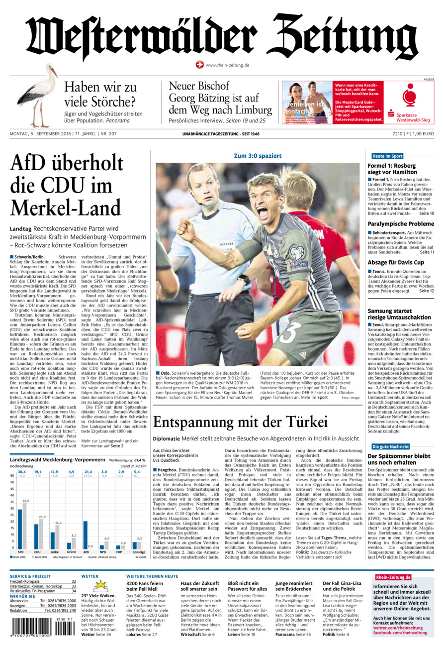 Westerwälder Zeitung vom Montag, 05.09.2016