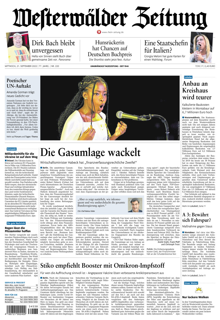 Westerwälder Zeitung vom Mittwoch, 21.09.2022