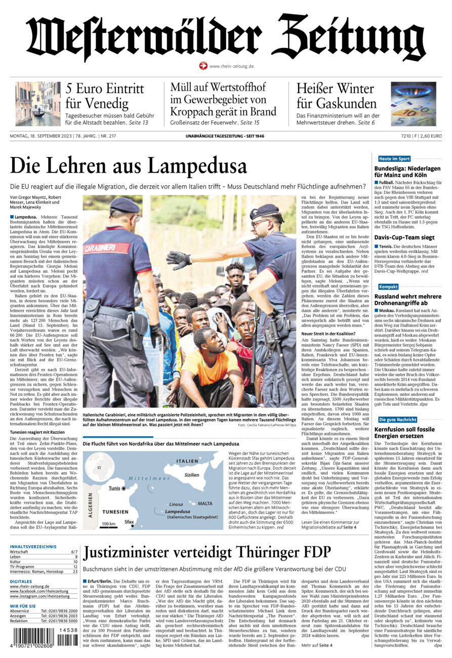 Westerwälder Zeitung vom Montag, 18.09.2023