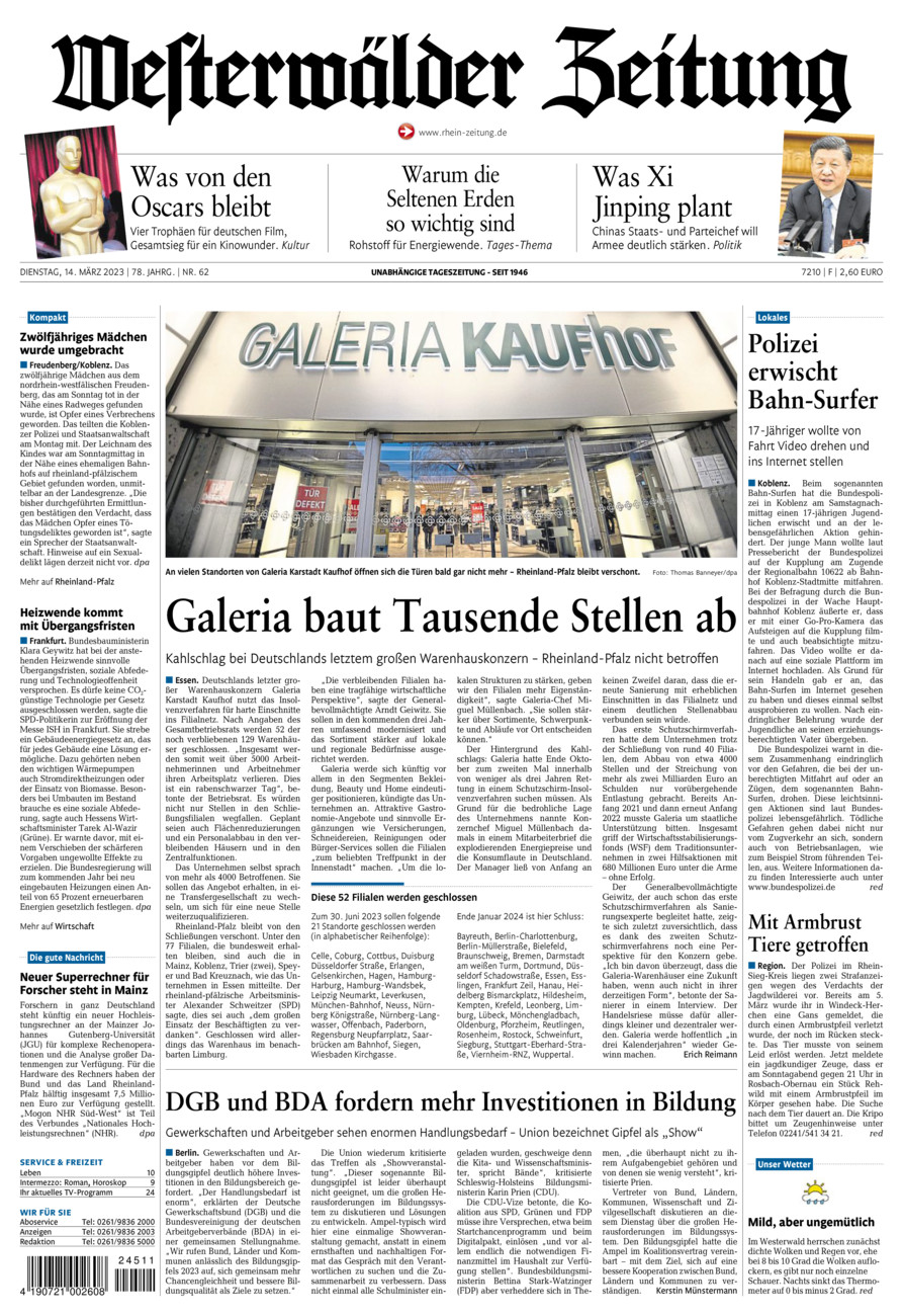 Westerwälder Zeitung vom Dienstag, 14.03.2023